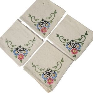 VTG 1970 EMBROIDERED Napkin Set 4 Retro Kitchen Wedding Linen Cottage Estate